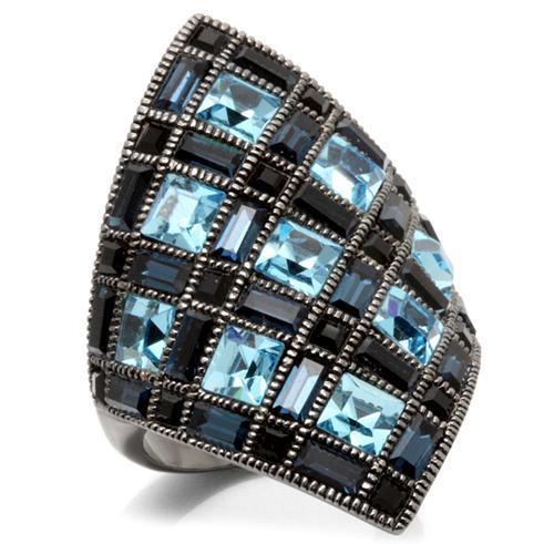 Ruthenium Brass Ring with Top Grade Crystal in Sea Blue