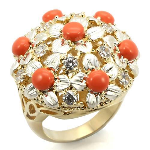 Silver+Gold Brass Ring with Semi-Precious Coral in Orange