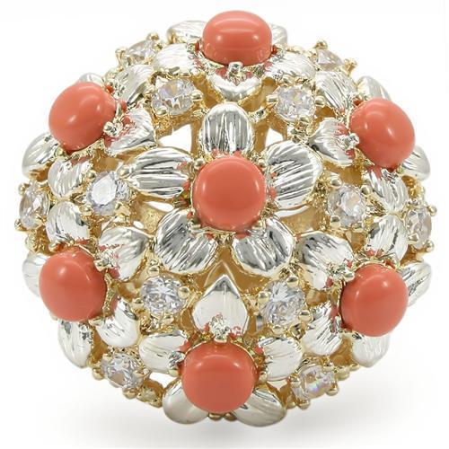 Silver+Gold Brass Ring with Semi-Precious Coral in Orange