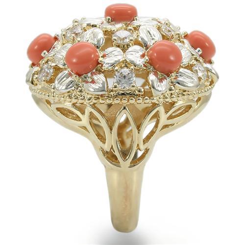 Silver+Gold Brass Ring with Semi-Precious Coral in Orange