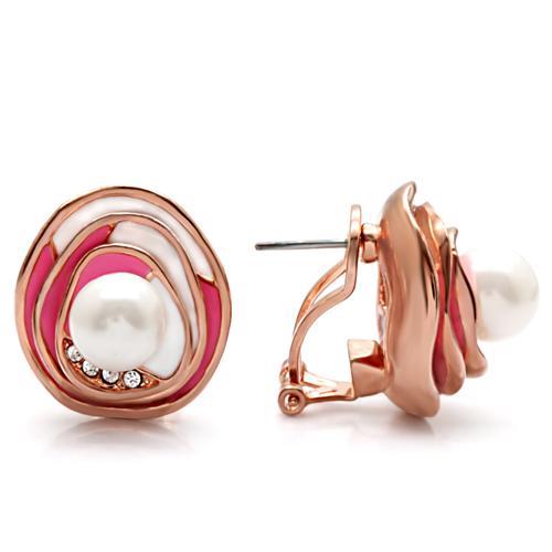 Rose Gold Brass Earrings with Synthetic Pearl in White