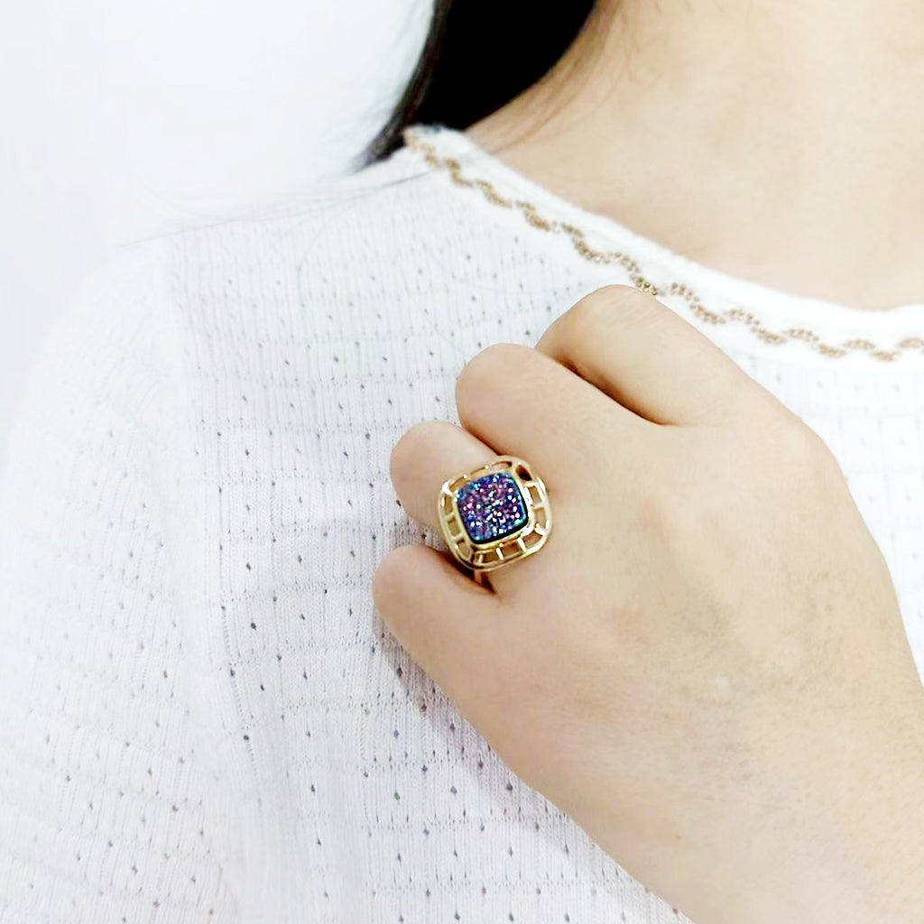 Flash Gold+E-coating Brass Ring with Druzy in Purple Series