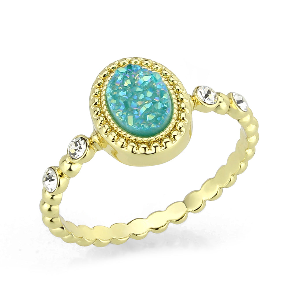 Flash Gold+E-coating Brass Ring with Druzy in SeaBlue
