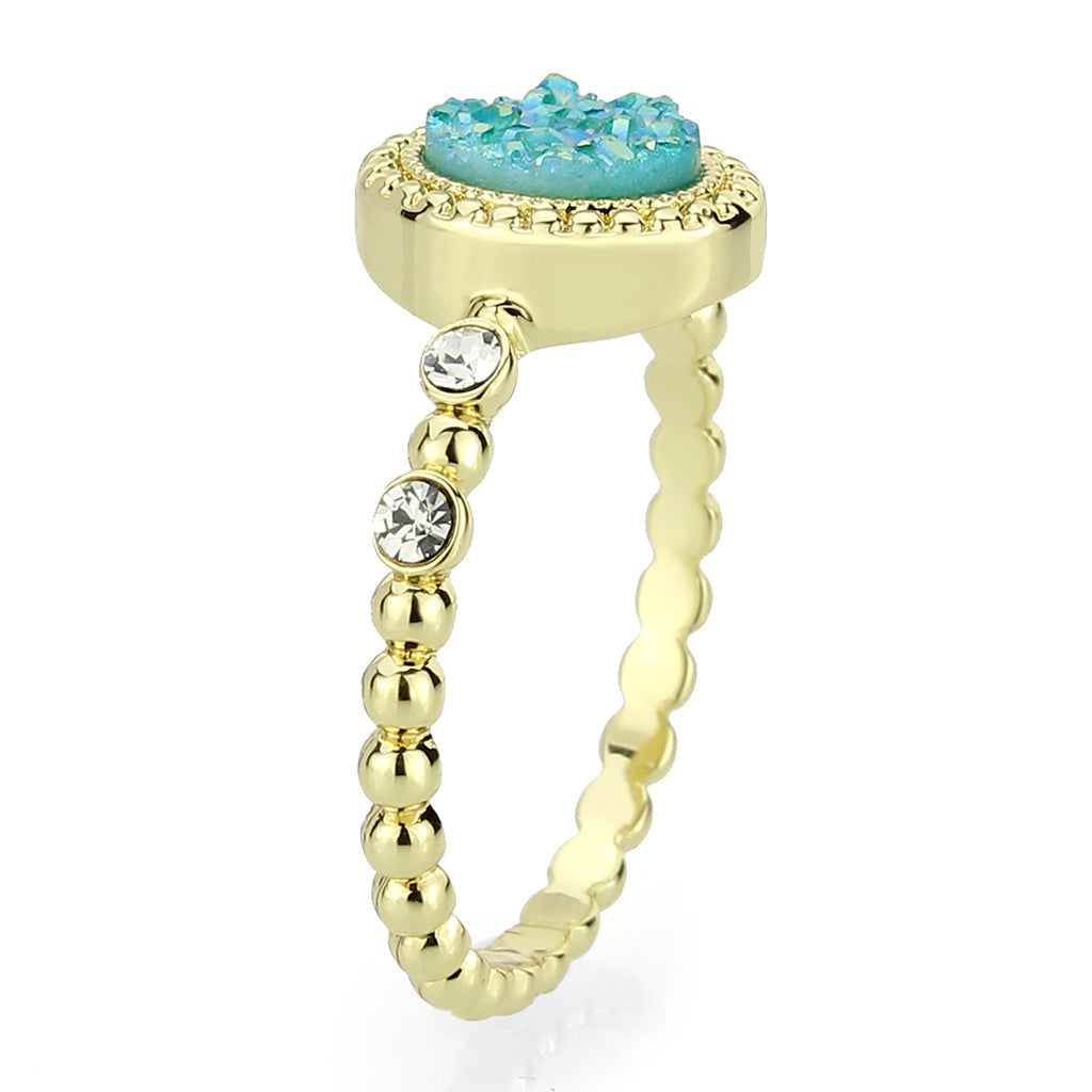 Flash Gold+E-coating Brass Ring with Druzy in SeaBlue