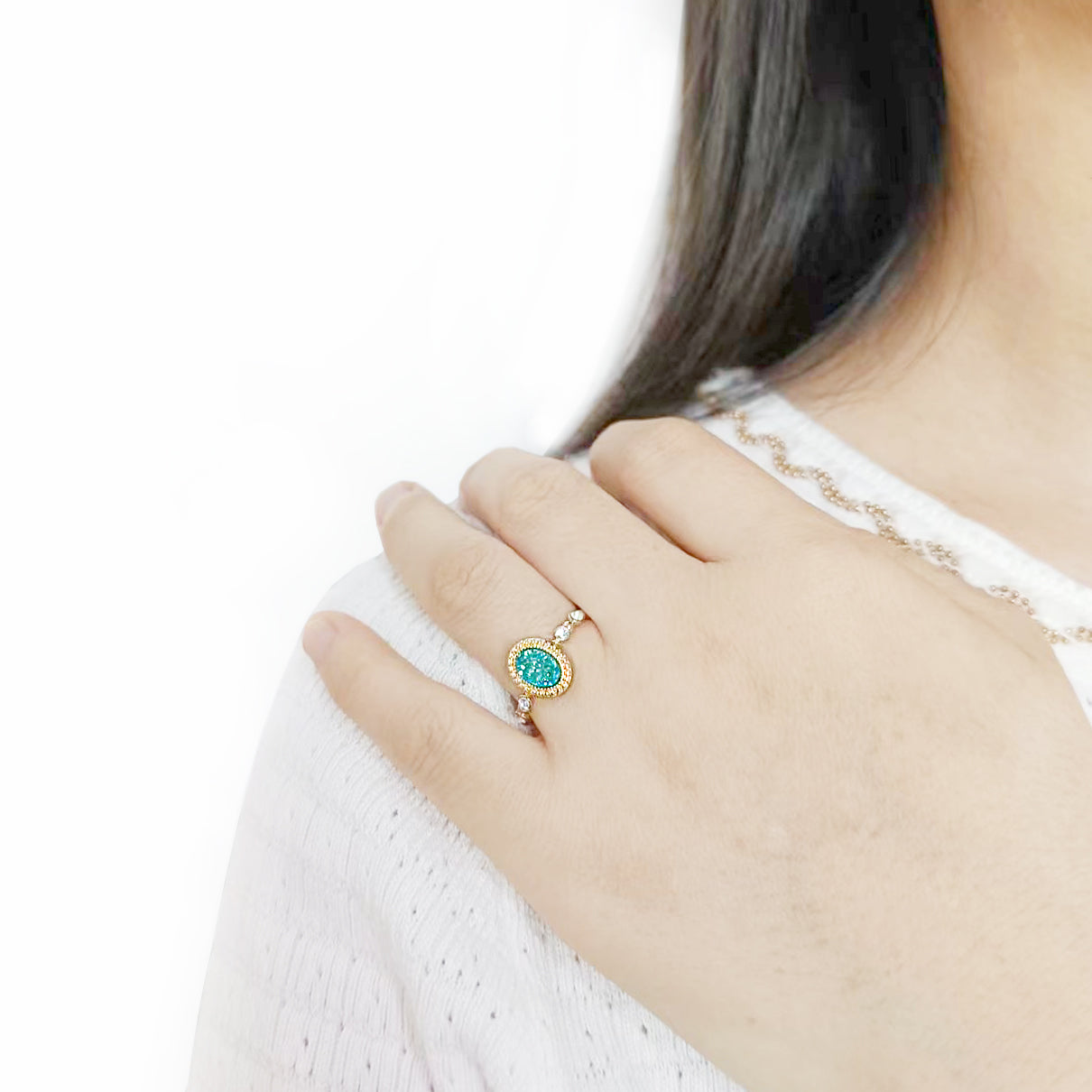 Flash Gold+E-coating Brass Ring with Druzy in SeaBlue