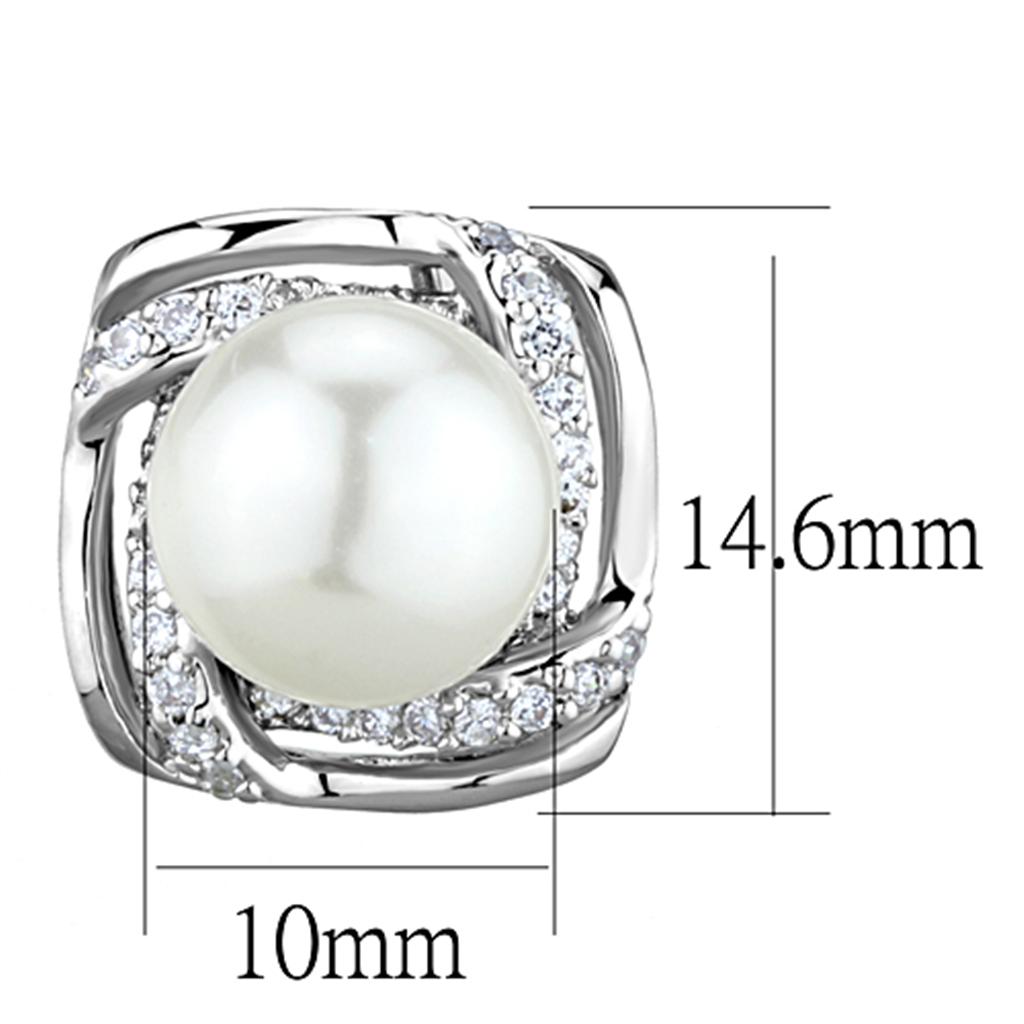 Rhodium Brass Earrings with Synthetic Pearl in White