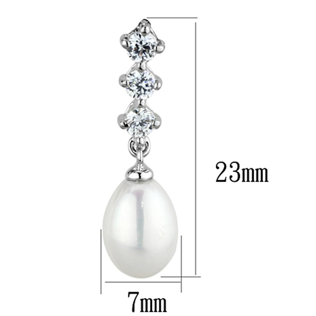 Rhodium Brass Earrings with Semi-Precious Pearl in White