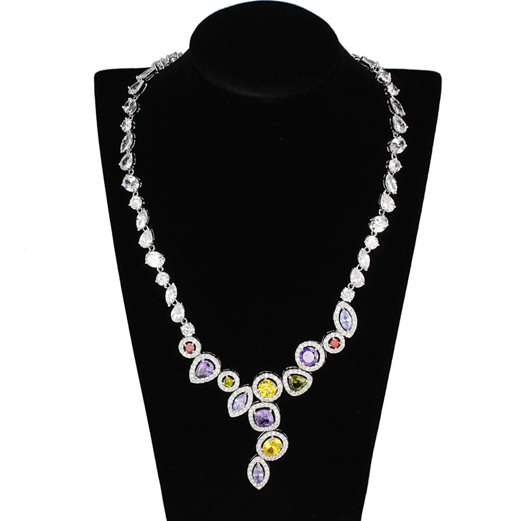 Rhodium Brass Jewelry Sets with AAA Grade CZ in Multi Color