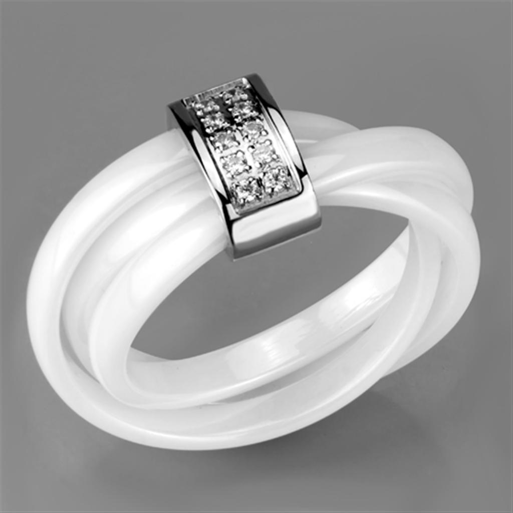 High polished (no plating) Stainless Steel Ring with Ceramic in White