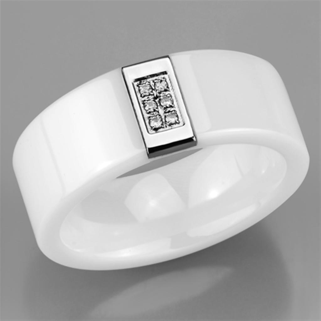 High polished (no plating) Stainless Steel Ring with Ceramic in White