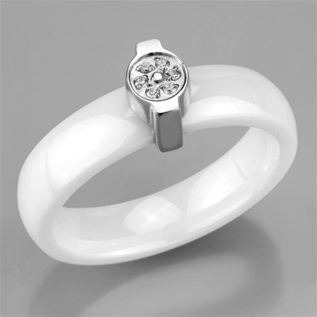 High polished (no plating) Stainless Steel Ring with Ceramic in White