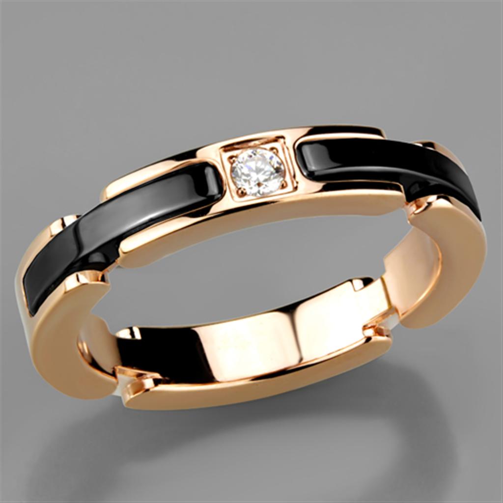 IP Rose Gold(Ion Plating) Stainless Steel Ring with Ceramic in Jet