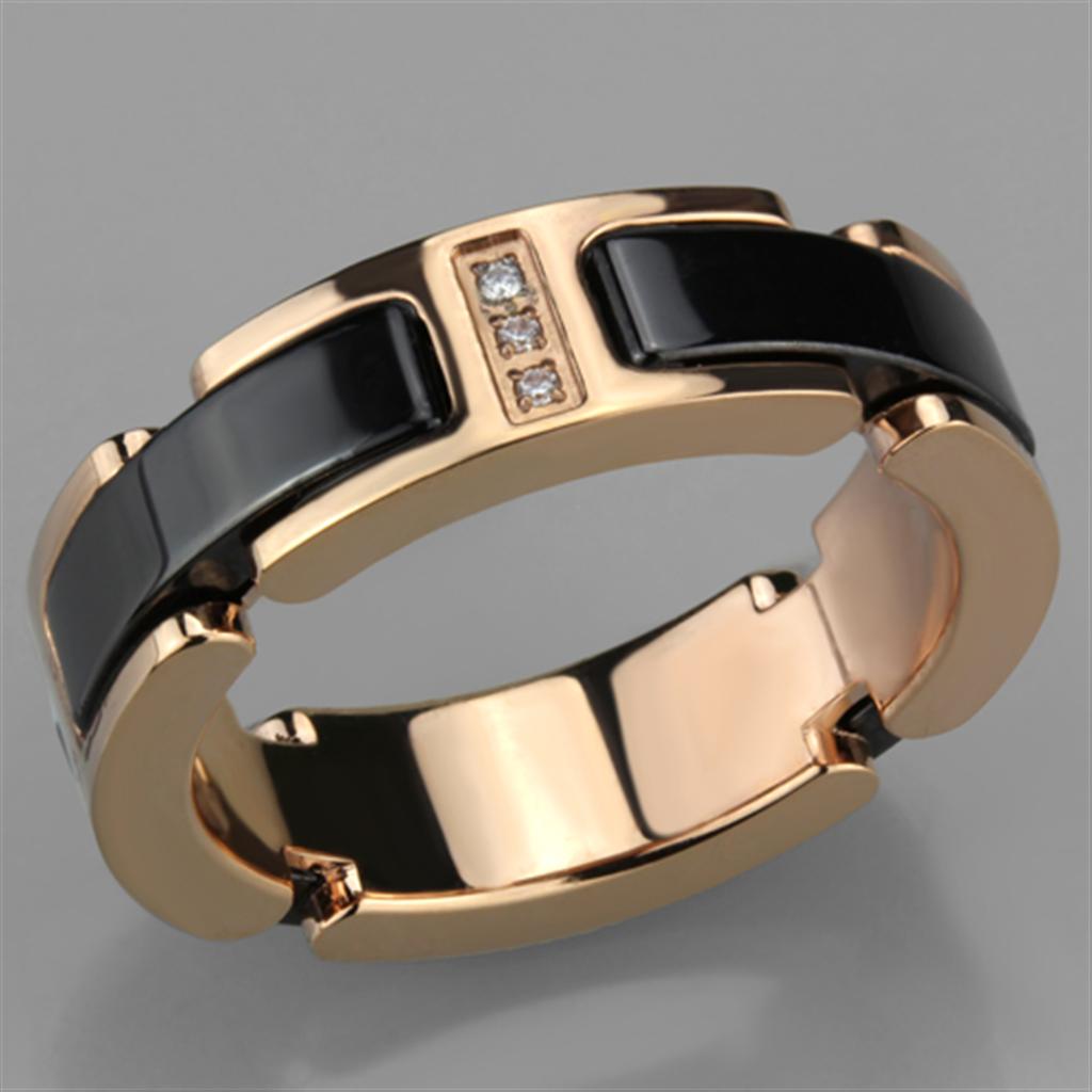 IP Rose Gold(Ion Plating) Stainless Steel Ring with Ceramic in Jet