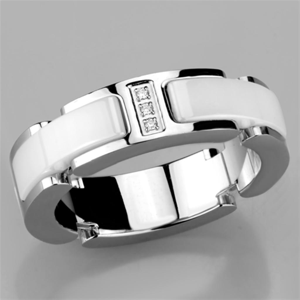High polished (no plating) Stainless Steel Ring with Ceramic in White