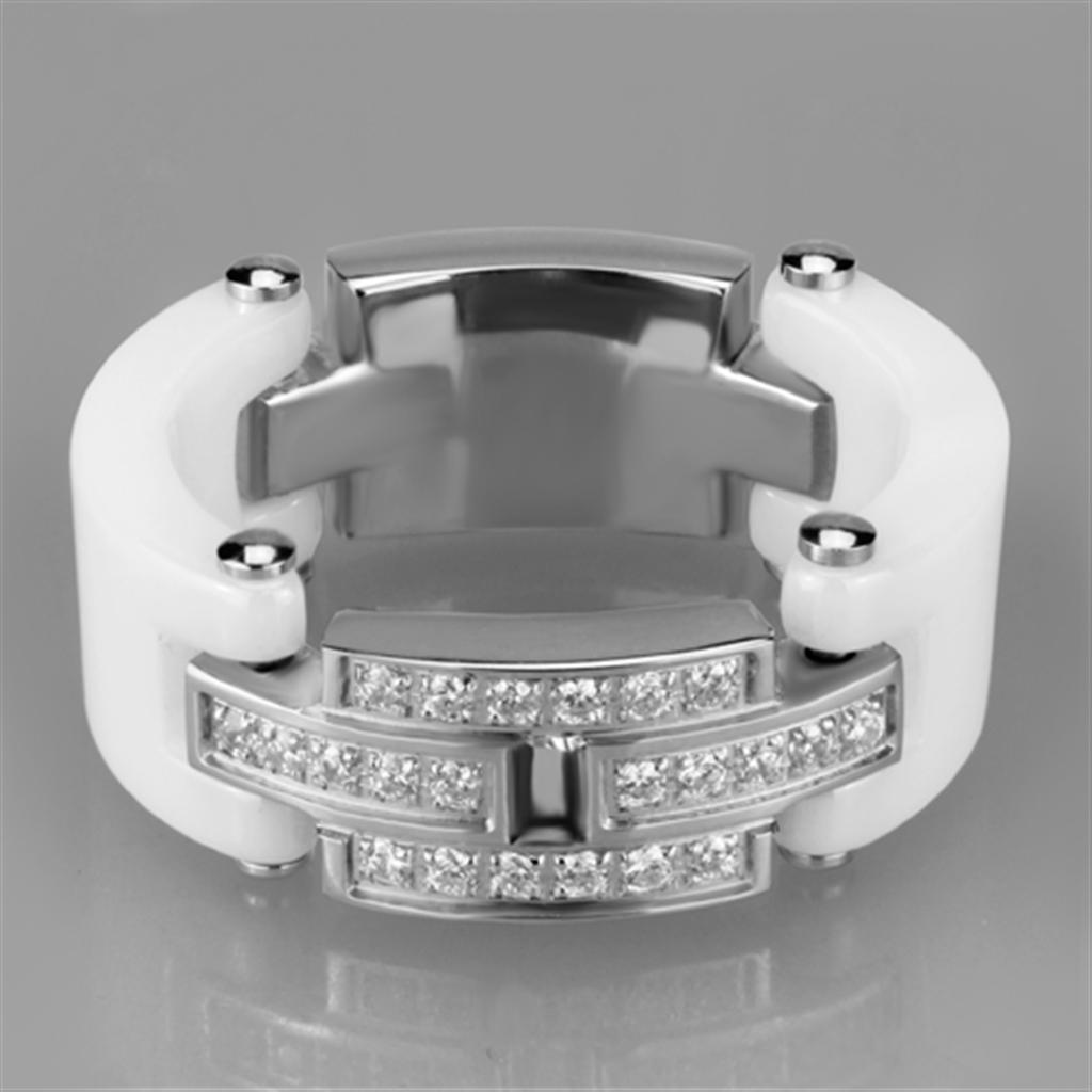 High polished (no plating) Stainless Steel Ring with Ceramic in White