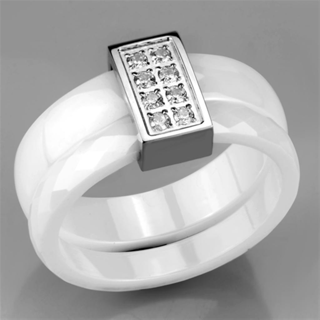 High polished (no plating) Stainless Steel Ring with Ceramic in White