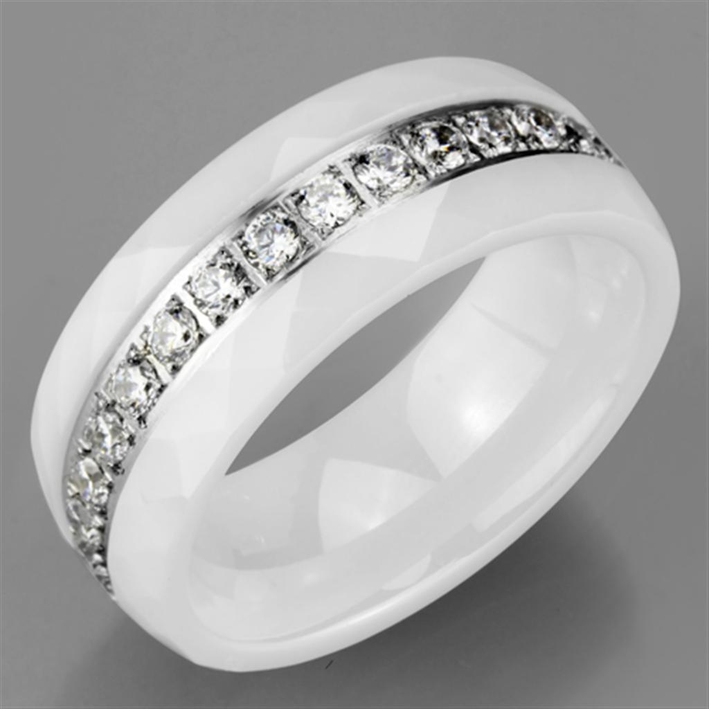 High polished (no plating) Stainless Steel Ring with Ceramic in White