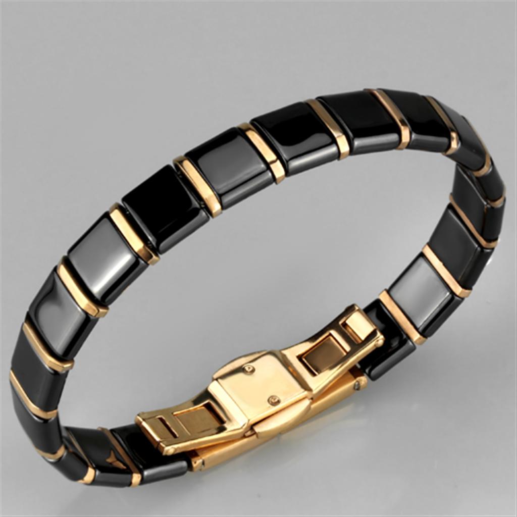 IP Rose Gold(Ion Plating) Stainless Steel Bracelet with Ceramic in Jet