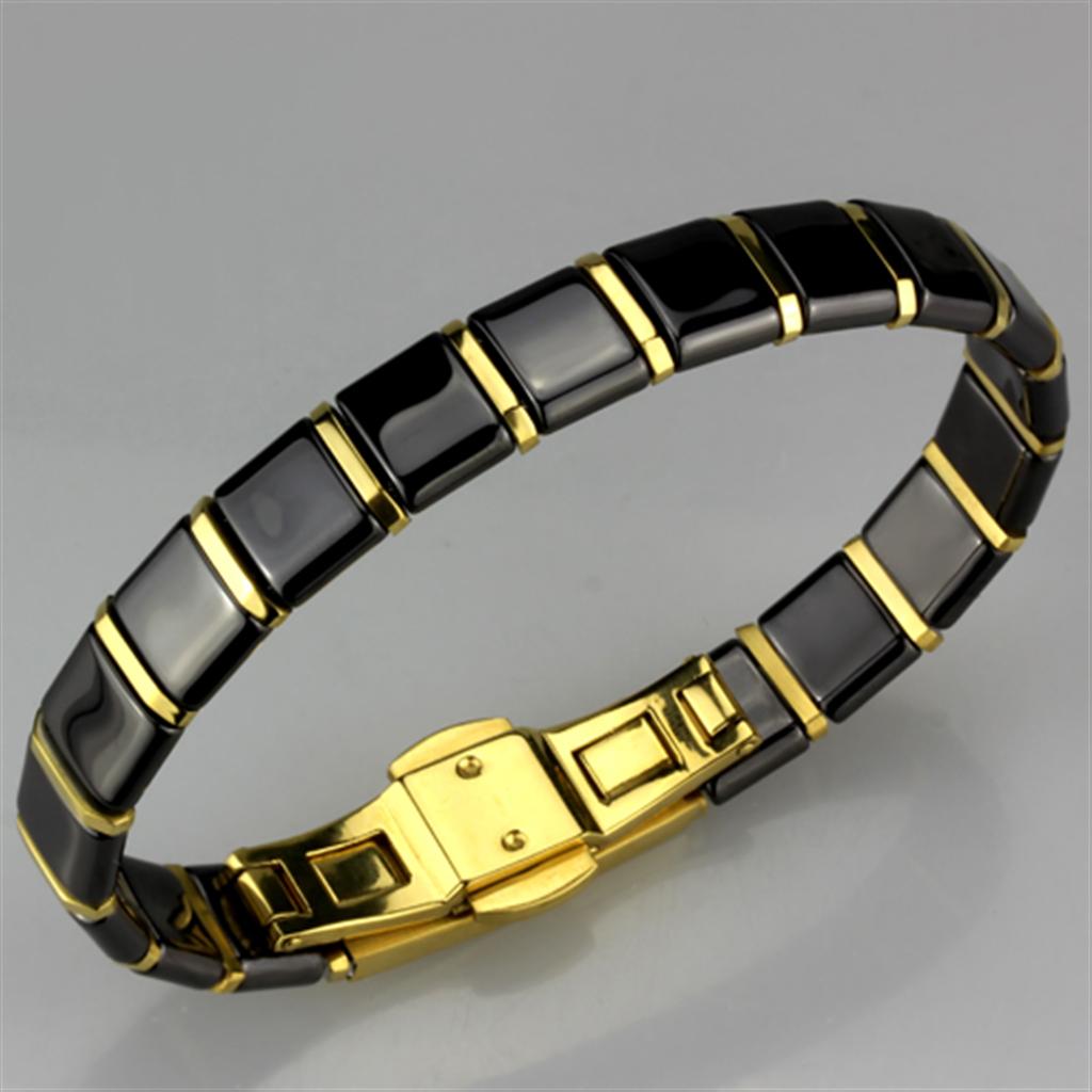IP Gold(Ion Plating) Stainless Steel Bracelet with Ceramic in Jet