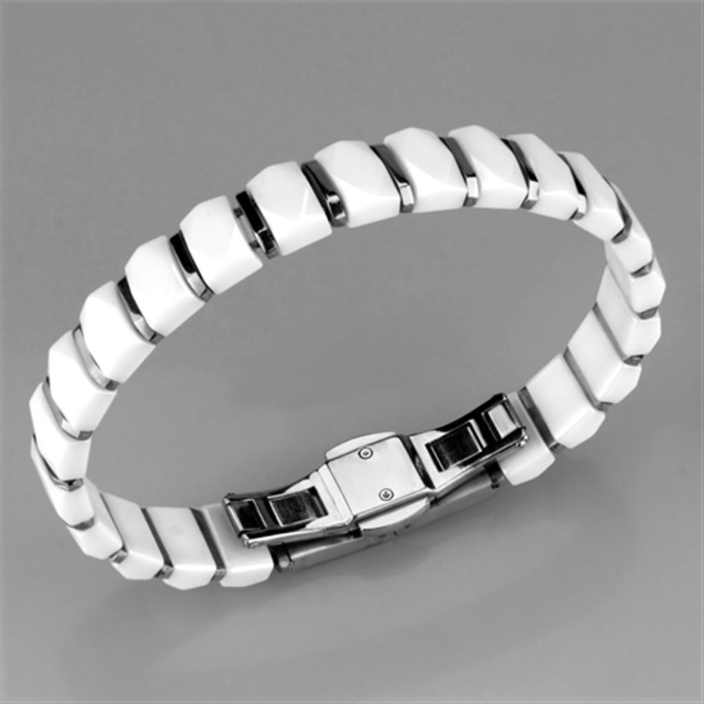 High polished (no plating) Stainless Steel Bracelet with Ceramic in White