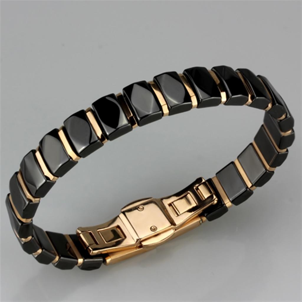 IP Rose Gold(Ion Plating) Stainless Steel Bracelet with Ceramic in Jet