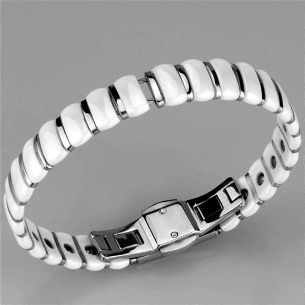 High polished (no plating) Stainless Steel Bracelet with Ceramic in White