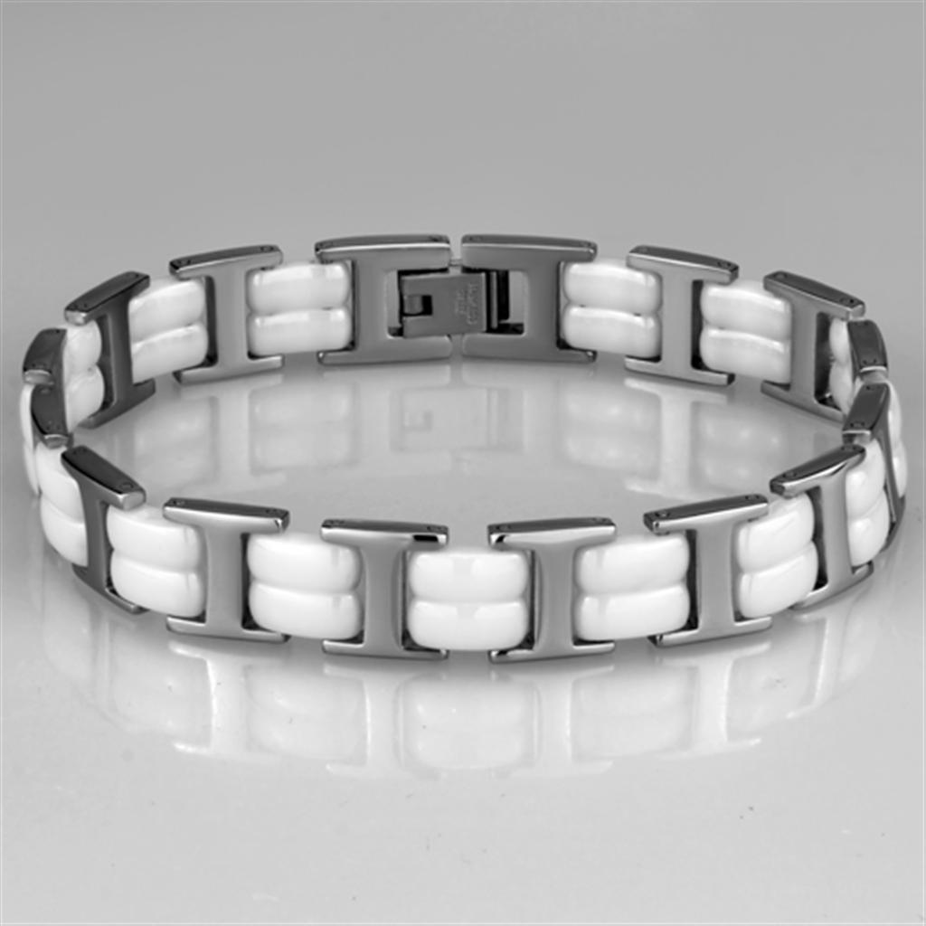 High polished (no plating) Stainless Steel Bracelet with Ceramic in White