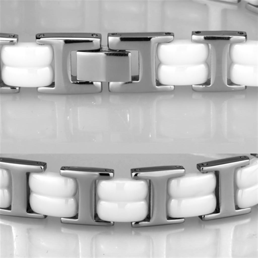 High polished (no plating) Stainless Steel Bracelet with Ceramic in White