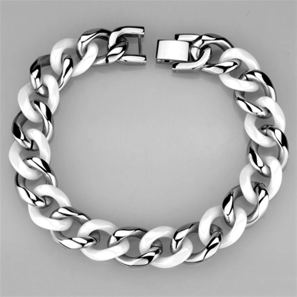 High polished (no plating) Stainless Steel Bracelet with Ceramic in White