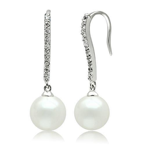 Rhodium Brass Earrings with Synthetic Pearl in White