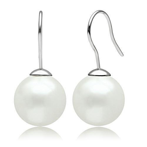 Rhodium Brass Earrings with Synthetic Pearl in White
