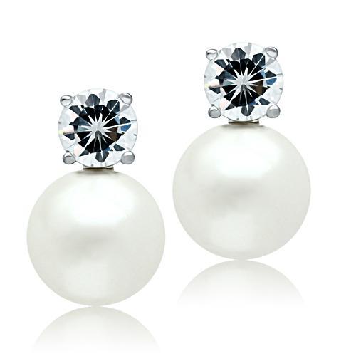 Rhodium Brass Earrings with Synthetic Pearl in White