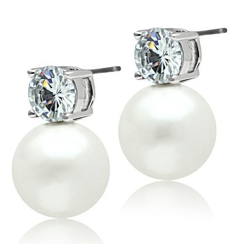 Rhodium Brass Earrings with Synthetic Pearl in White
