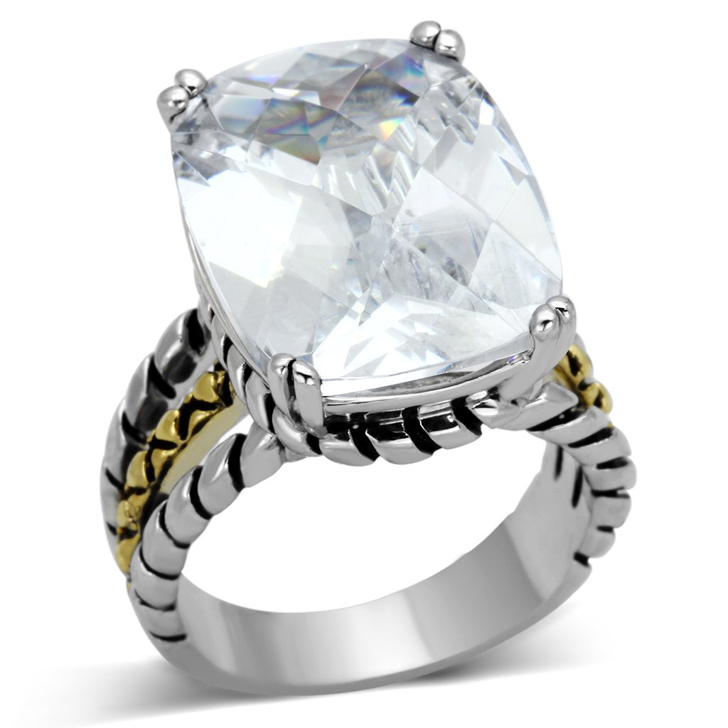 Reverse Two-Tone Brass Ring with AAA Grade CZ in Clear