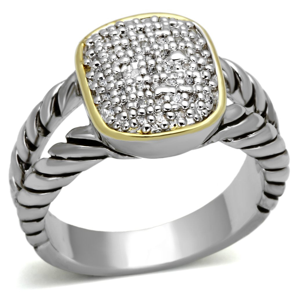 Reverse Two-Tone Brass Ring with AAA Grade CZ in Clear