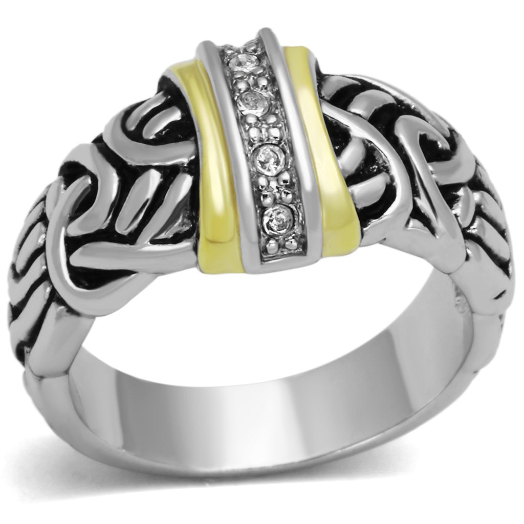 Reverse Two-Tone Brass Ring with Top Grade Crystal in Clear