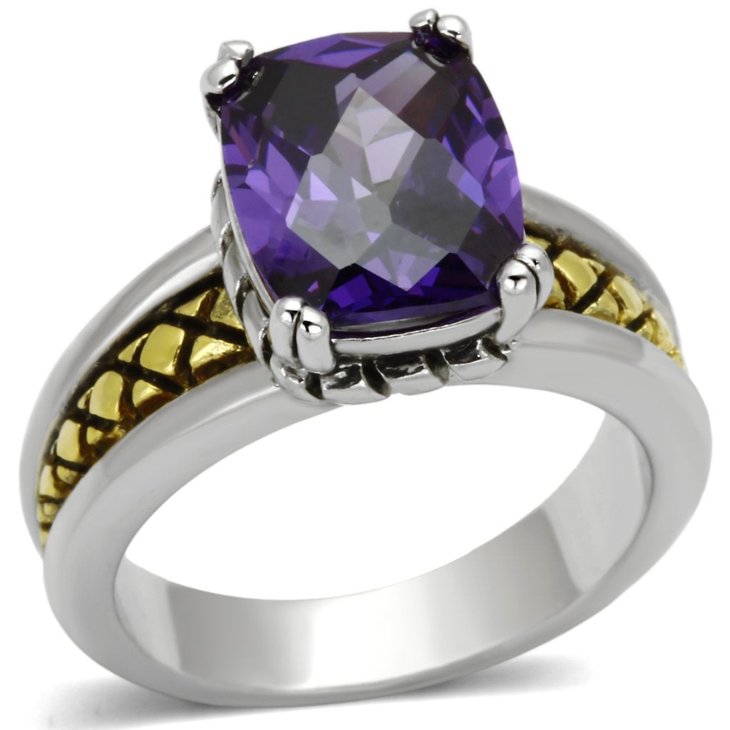 Reverse Two-Tone Brass Ring with AAA Grade CZ in Amethyst