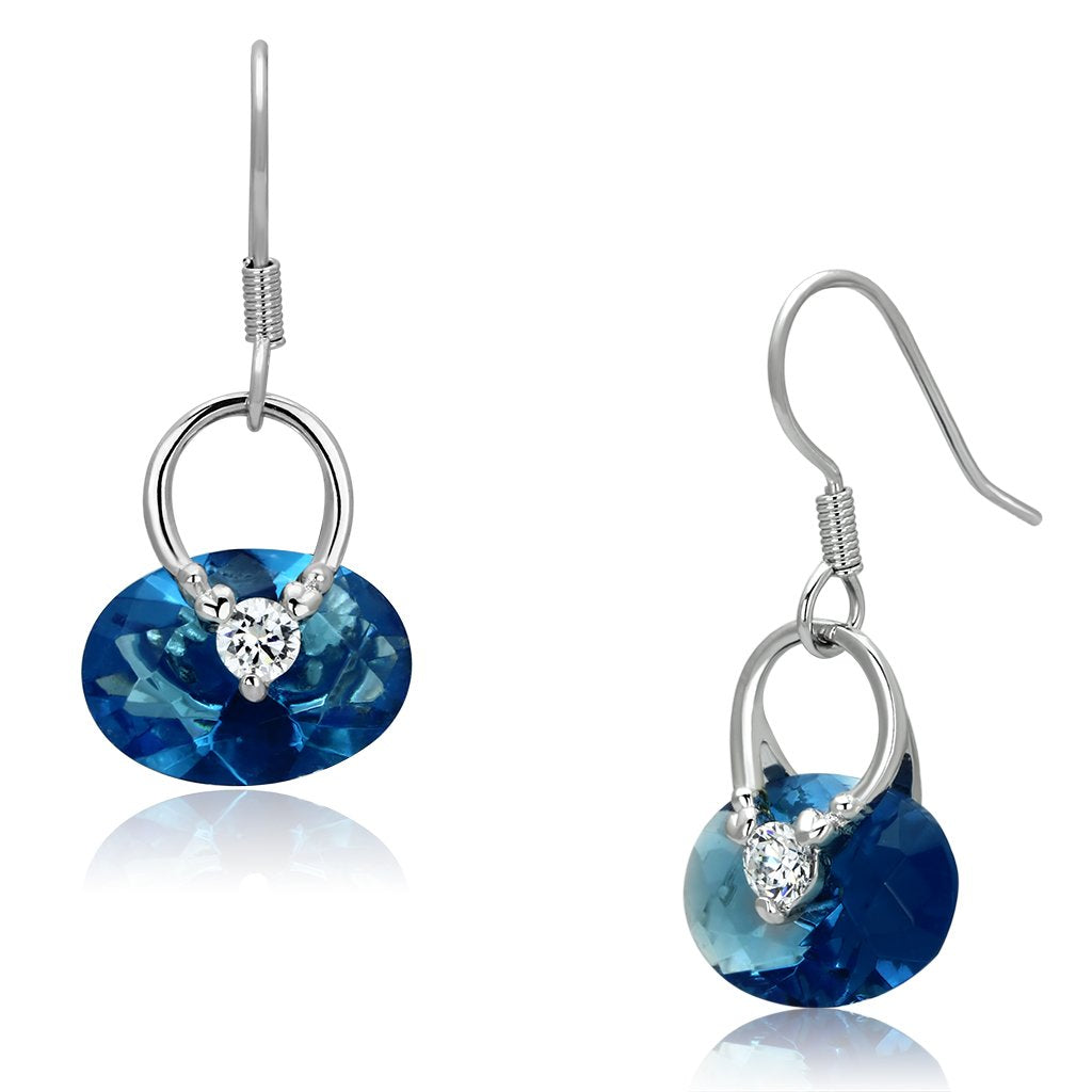 Rhodium Brass Earrings with Synthetic Synthetic Glass in Sea Blue