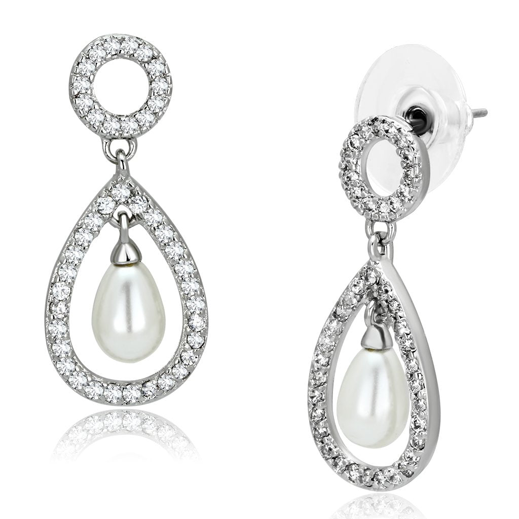 Rhodium Brass Earrings with Synthetic Pearl in White