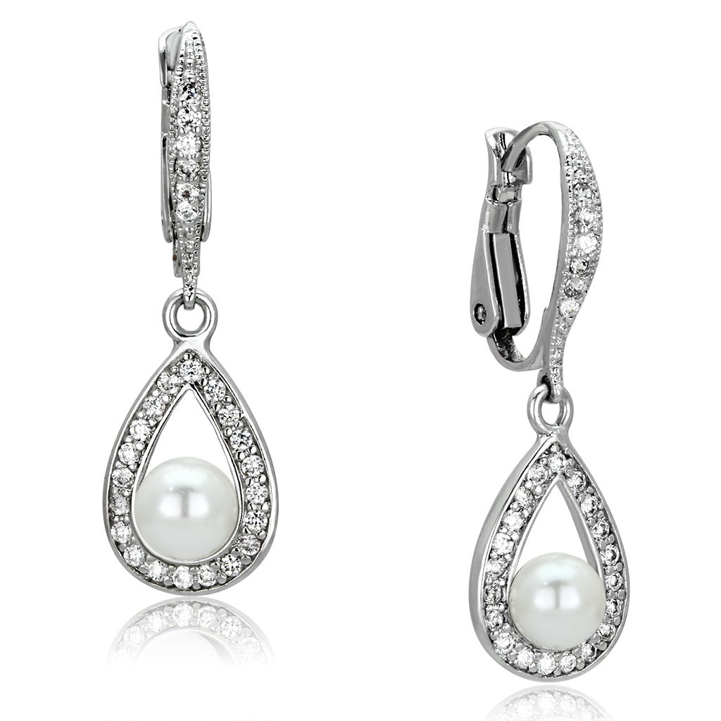 Rhodium Brass Earrings with Synthetic Pearl in White