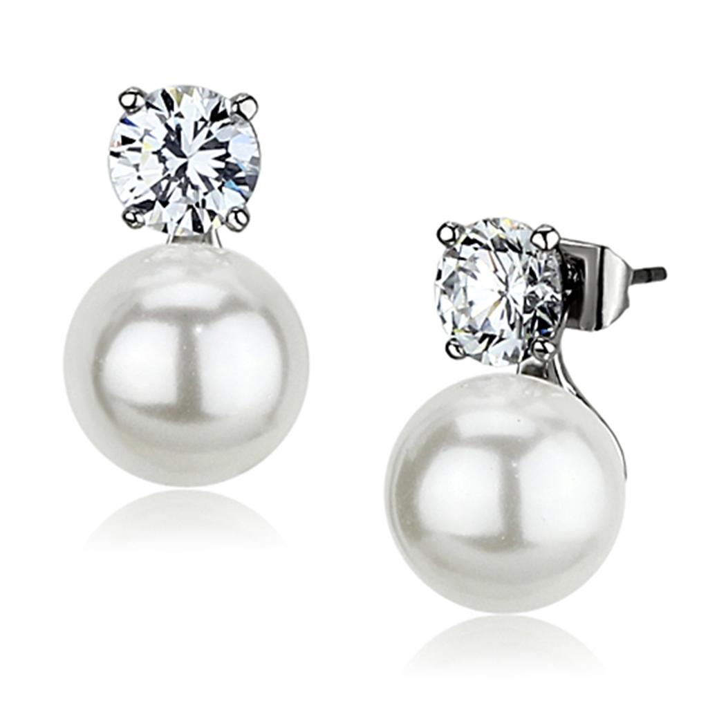 Rhodium Brass Earrings with Synthetic Pearl in White