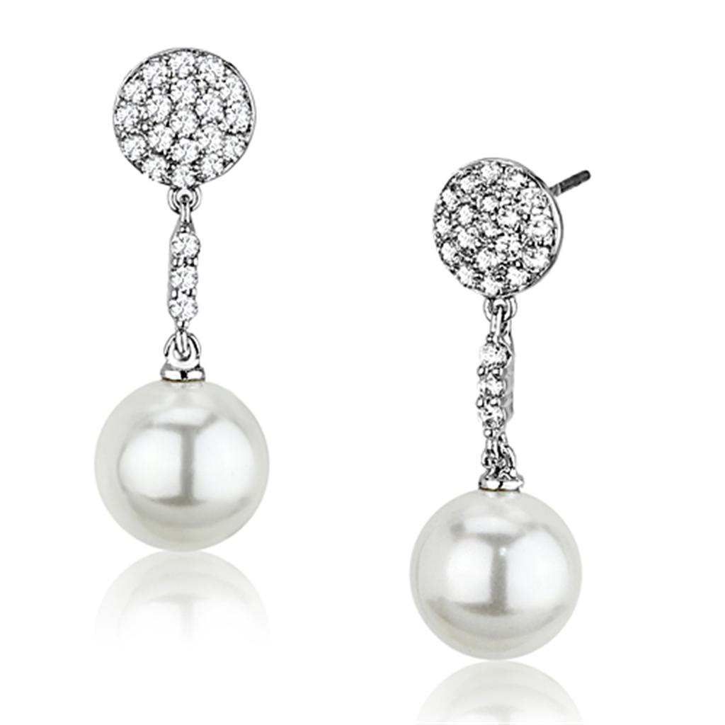 Rhodium Brass Earrings with Synthetic Pearl in White