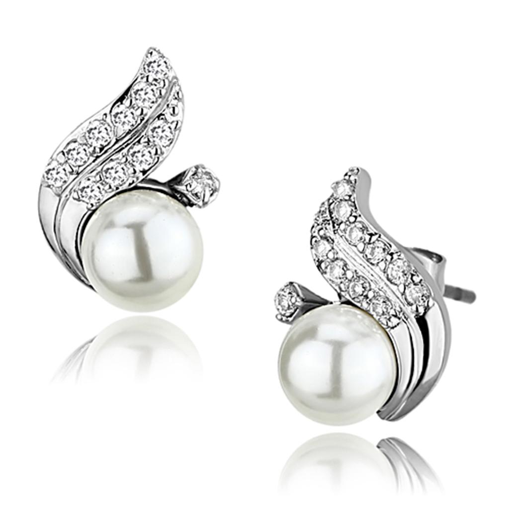 Rhodium Brass Earrings with Synthetic Pearl in White