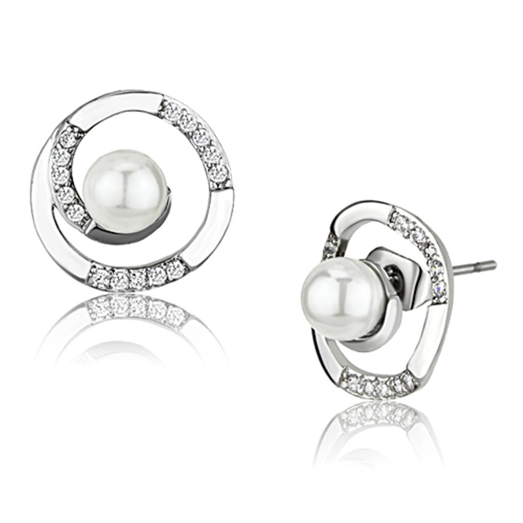 Rhodium Brass Earrings with Synthetic Pearl in White