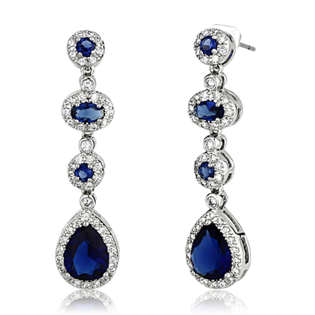 Rhodium Brass Earrings with Synthetic Synthetic Glass in Sapphire