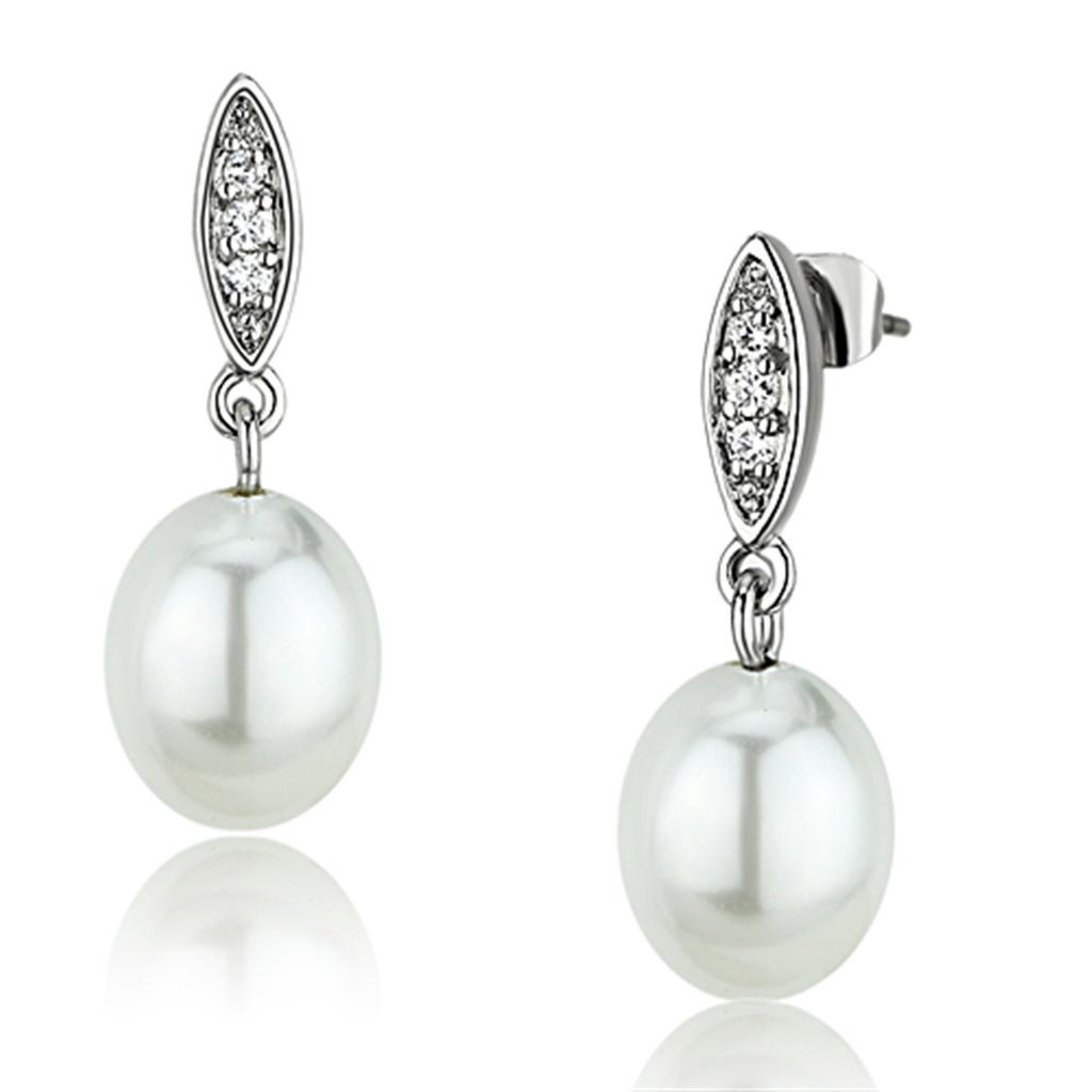 Rhodium Brass Earrings with Synthetic Pearl in White