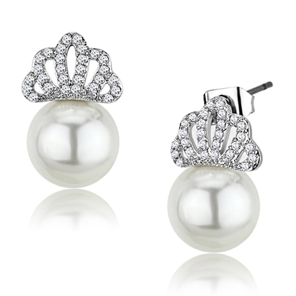 Rhodium Brass Earrings with Synthetic Pearl in White