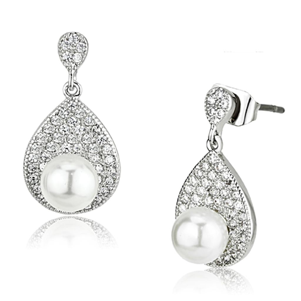 Rhodium Brass Earrings with Synthetic Pearl in White