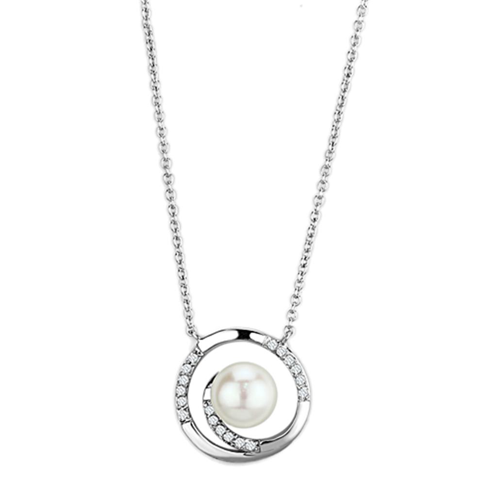 Rhodium Brass Necklace with Synthetic Pearl in White