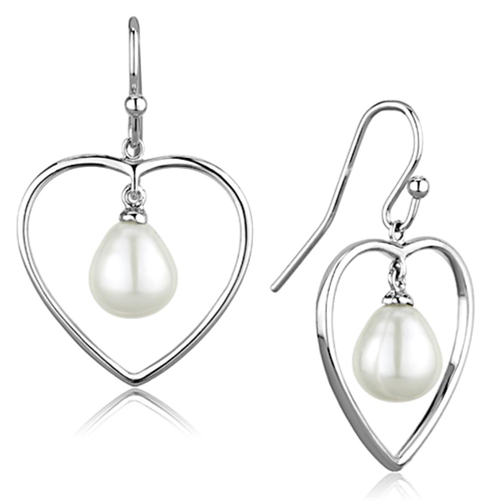 Rhodium Brass Earrings with Semi-Precious Pearl in White